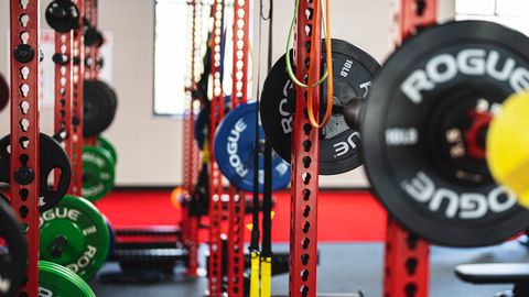 Colorful weightlifting equipment in a contemporary gym setting showcasing strength training options.