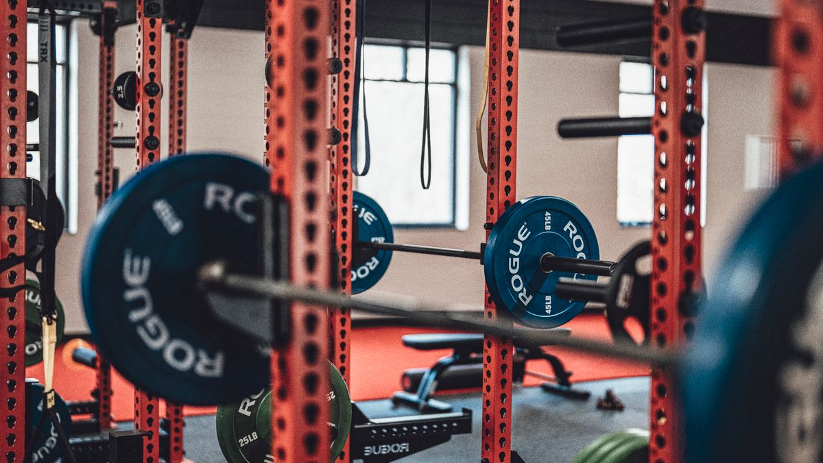 Close-up view of gym equipment with barbells and weight plates, perfect for strength training enthusiasts.