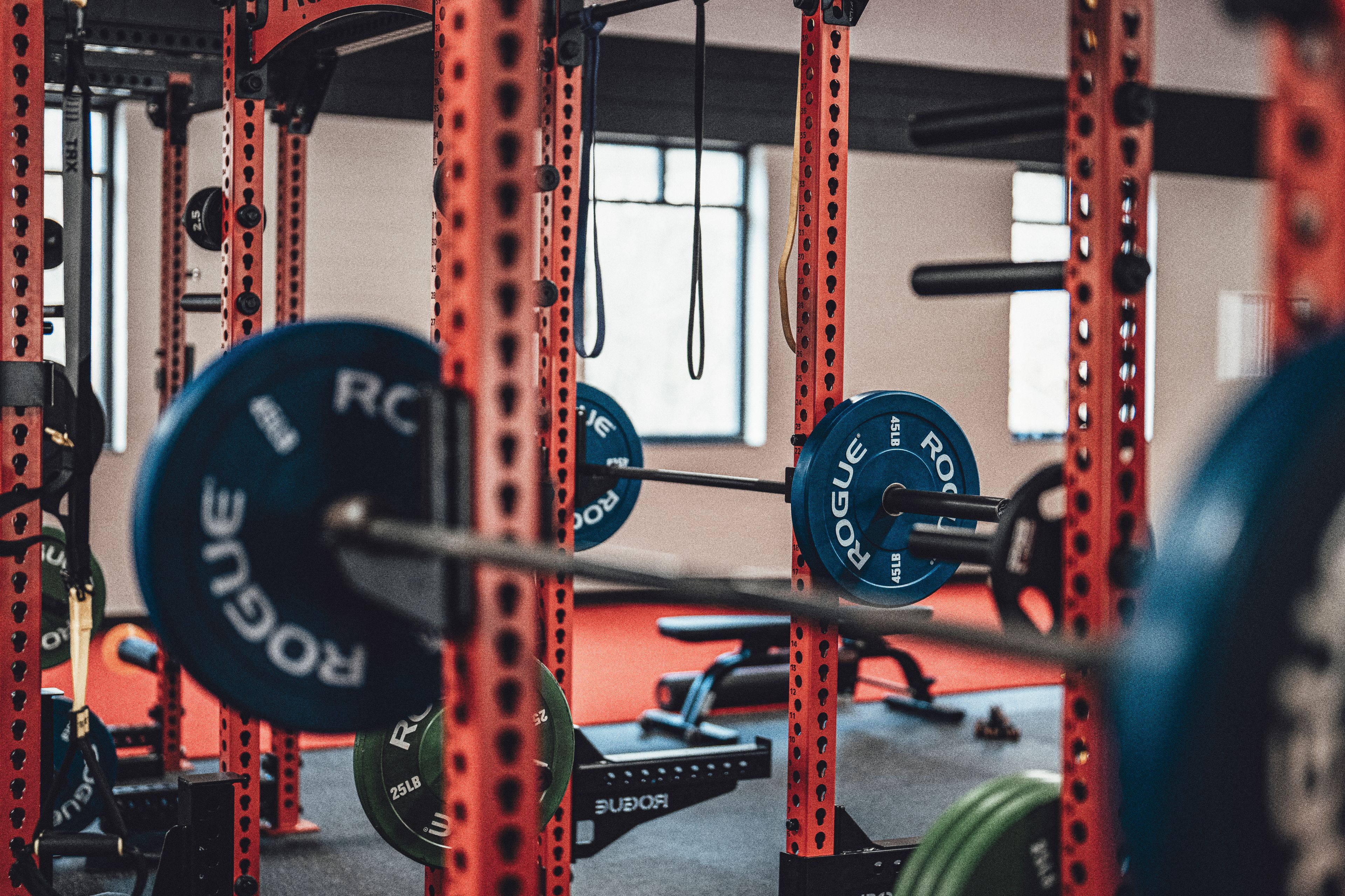 Close-up view of gym equipment with barbells and weight plates, perfect for strength training enthusiasts.