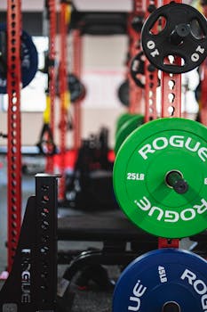 Close-up of gym equipment with ROGUE weight plates, highlighting fitness and strength training setup.