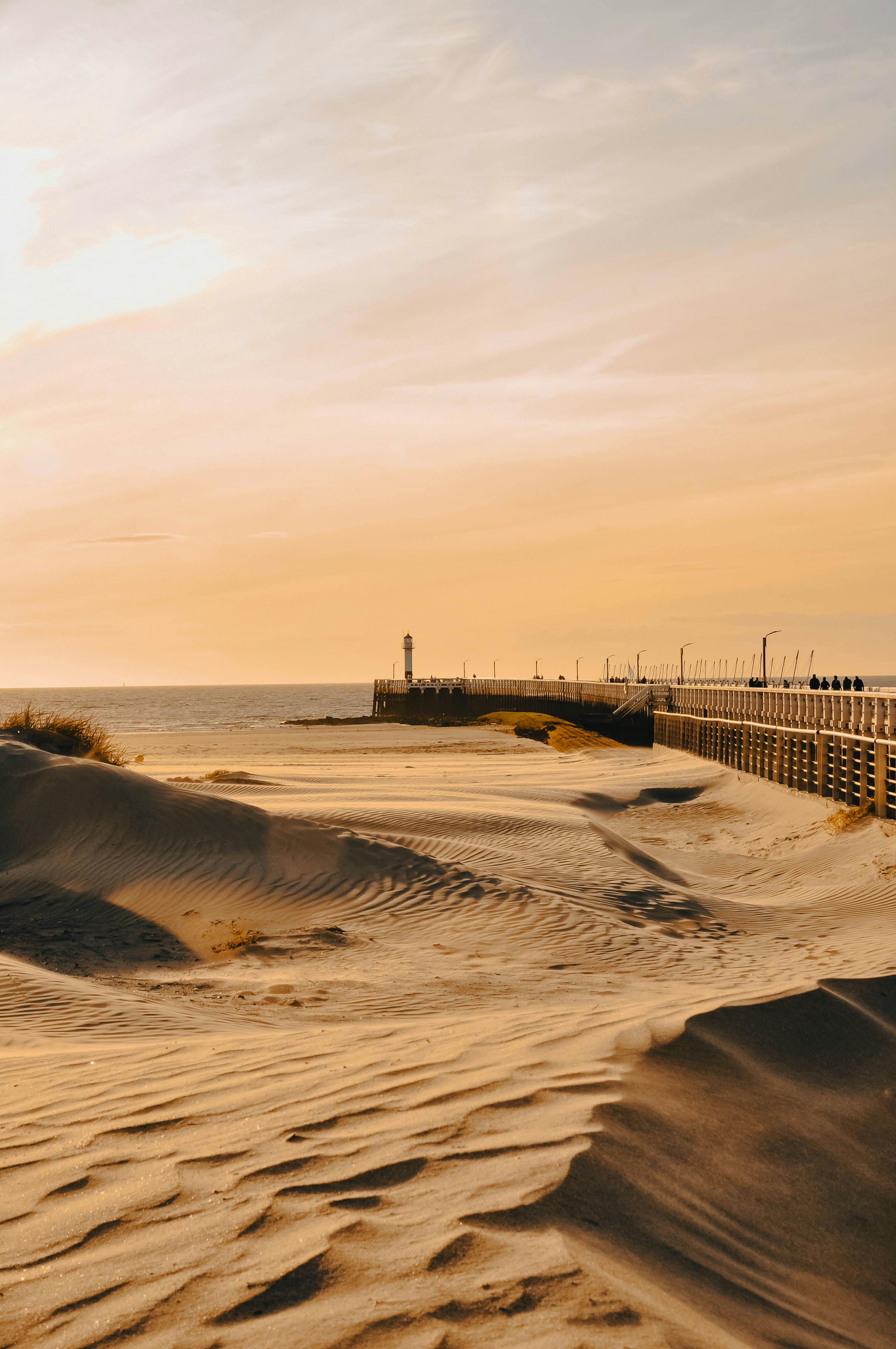 Beautiful golden sunset over sand dunes and pier at Nieuwpoort, showcasing coastal beauty.