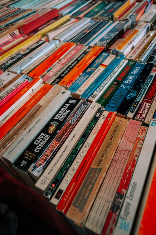 Free A vibrant close-up of diverse book titles displayed in a market setting. Stock Photo