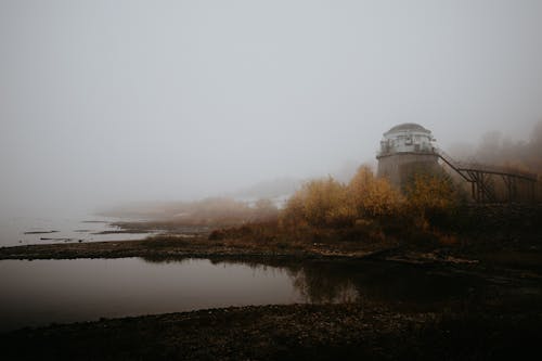 Free View of a Body of Water and Autumnal Trees in Fog  Stock Photo
