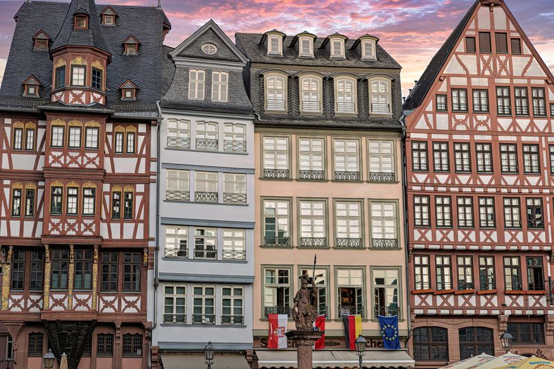 Historical half-timbered buildings in Römerberg old town in Frankfurt