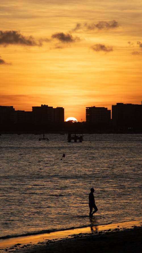 Silhouette of a Man Walking in the Sea at Sunset