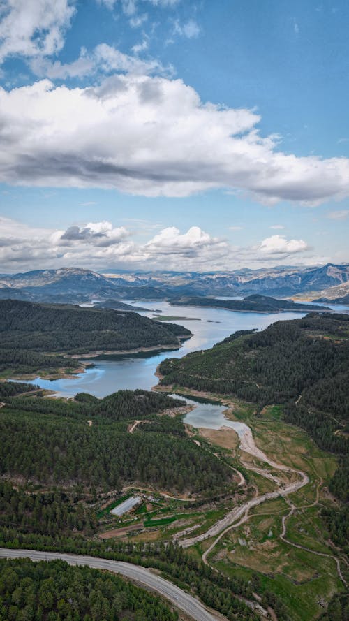 Aerial View of a River and Mountains 