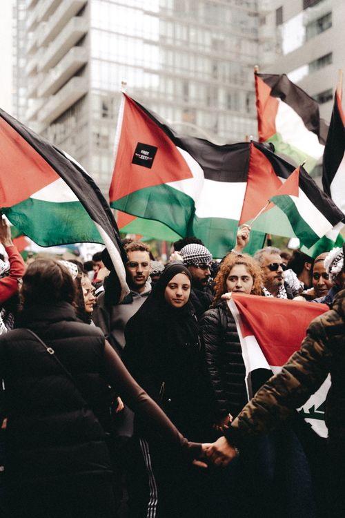 Free A vibrant demonstration featuring Palestinian flags and a diverse gathering in a city street. Stock Photo