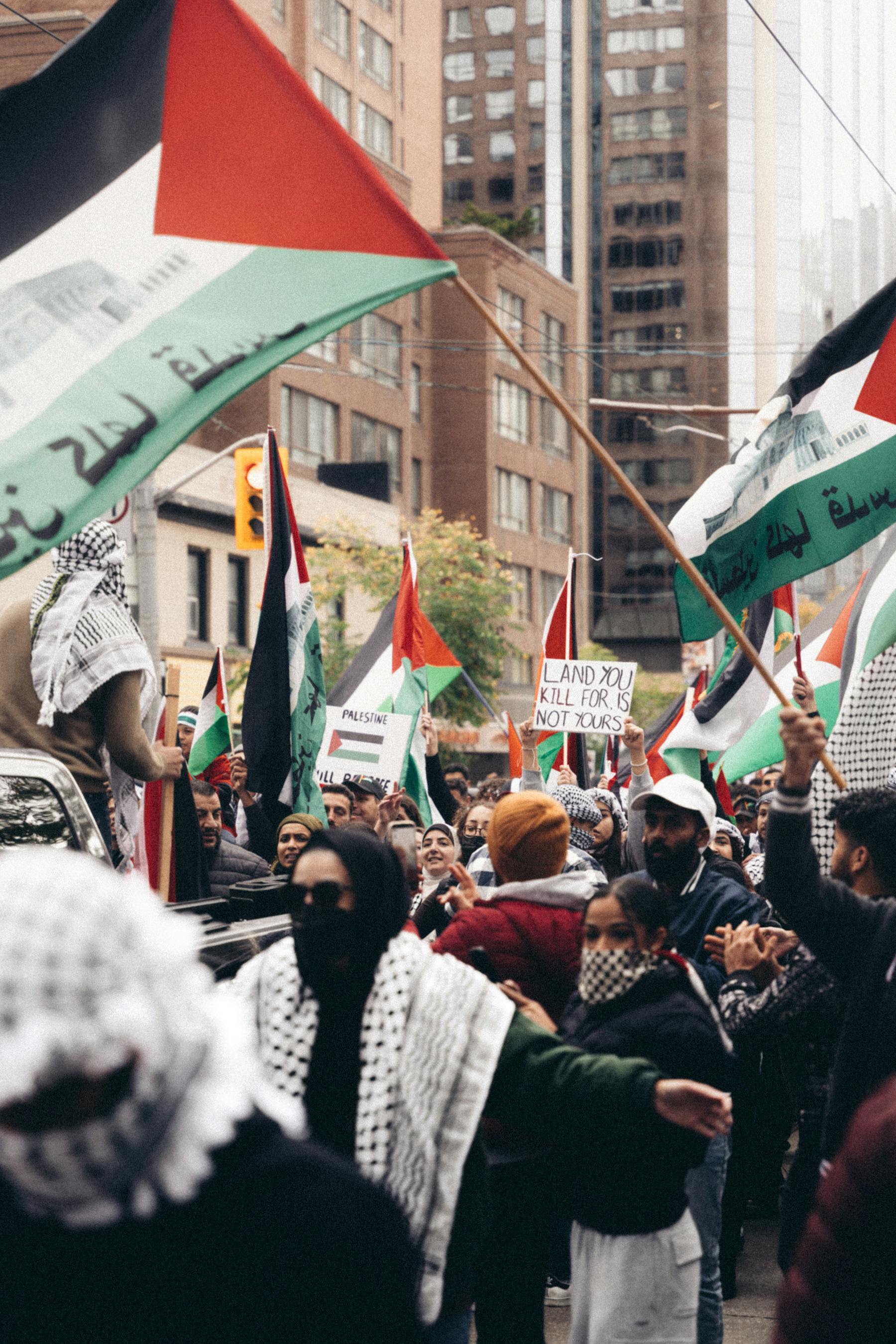 people with palestinian flags protesting on the street