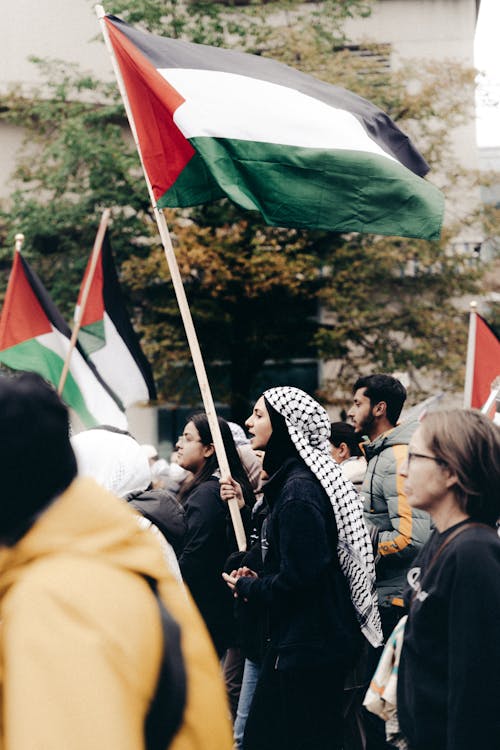 People with Palestinian Flags Protesting on the Street 