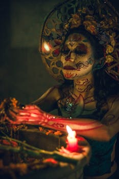 Portrait of a woman painted as Catrina celebrating Dia de Muertos with candlelight.