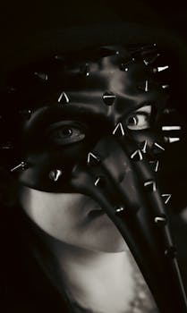 Close-up of a person wearing a spiked plague doctor mask, dramatic lighting.