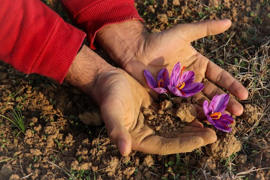 Hands gently holding bright purple saffron flowers in a field in Pampore, showcasing the beauty of nature.
