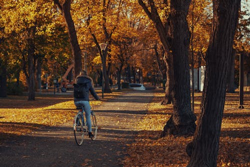 Woman on Bike at Park in Autumn