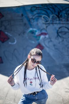 滑板公园里，梳着辫子的时尚女人展现出都市风格