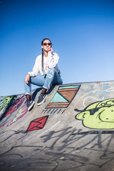 阳光明媚的日子里，一位穿着休闲街头服饰的时尚女性，坐在布满涂鸦的滑板坡道上