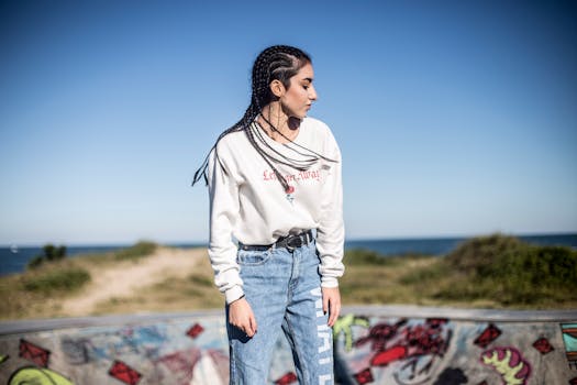 沿海滑板公园里，一位扎着辫子、穿着牛仔裤和运动衫的年轻女子