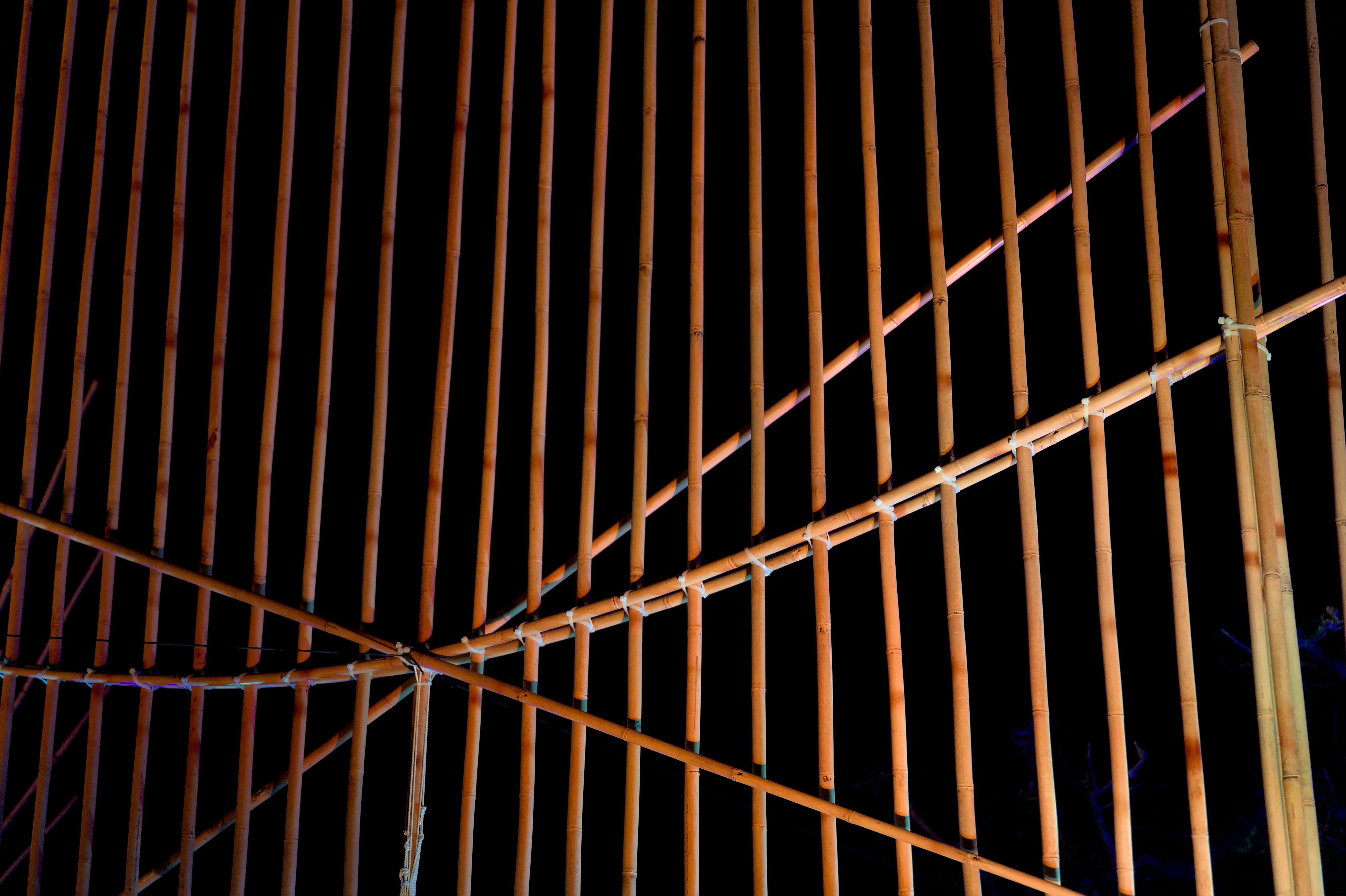 Close-up of bamboo fence with geometric pattern against a night sky. - Murten