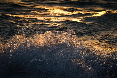 Splash of Ocean Water in the Light of the Setting Sun