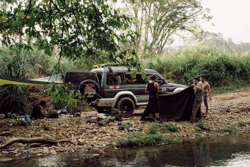 People in Front of a Truck in a Jungle 