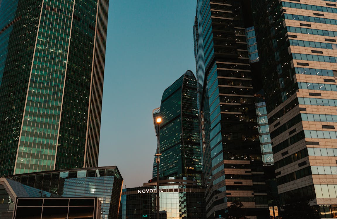 Low Angle Shot of Modern Skyscrapers at Sunset 