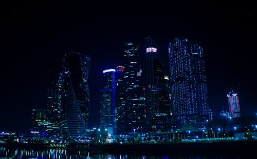Illuminated Skyline of Modern Skyscrapers in Moscow, Russia 