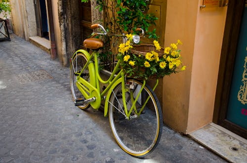 Groene Cruiser Beach Bike Met Gele Bloem Op Mand