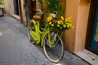 鹅卵石街道上，一辆充满活力的绿色自行车挂着一篮子盛开的黄色花朵