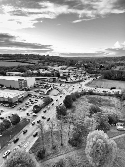 Drone Shot of Town in Black and White