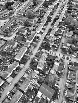 Black and white aerial view of Hertfordshire's urban residential streets.