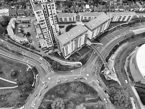 Aerial Shot of Streets Winding Through a City in Black and White