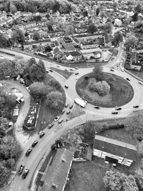 Grayscale Shot of a Roundabout in a City