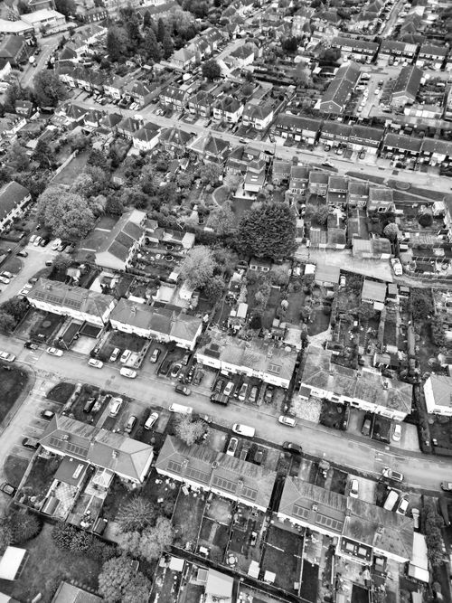 Free Explore a black and white aerial view of a residential neighborhood in Hertfordshire, England. Stock Photo