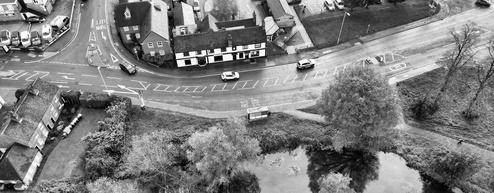 Aerial view over Hemel Hempstead, highlighting roads and parking with a classic UK town feel.
