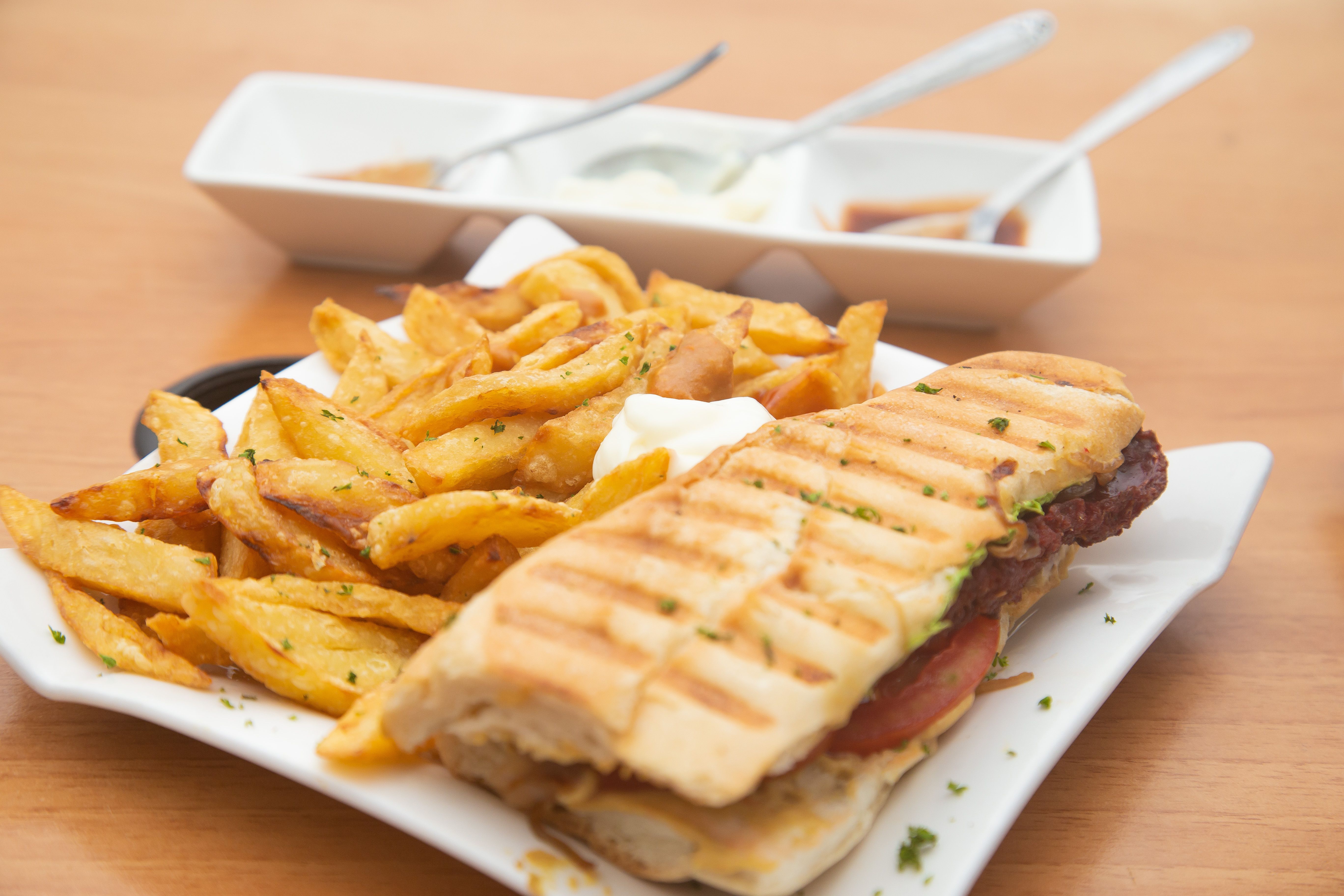 Close-up of a balanced Subway sandwich with fresh ingredients
