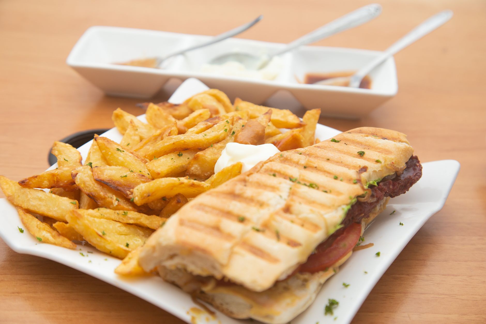 Close-up of a balanced Subway sandwich with fresh ingredients