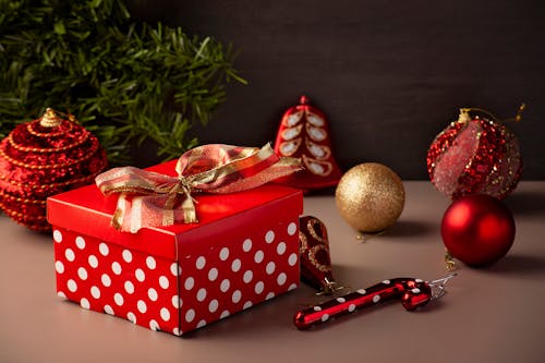 Red Box with Ribbon and Christmas Balls