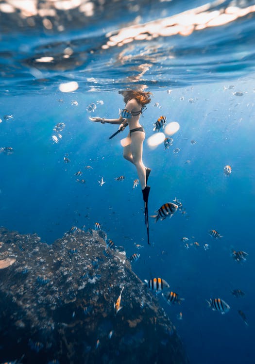Woman Freediving in Exotic Sea