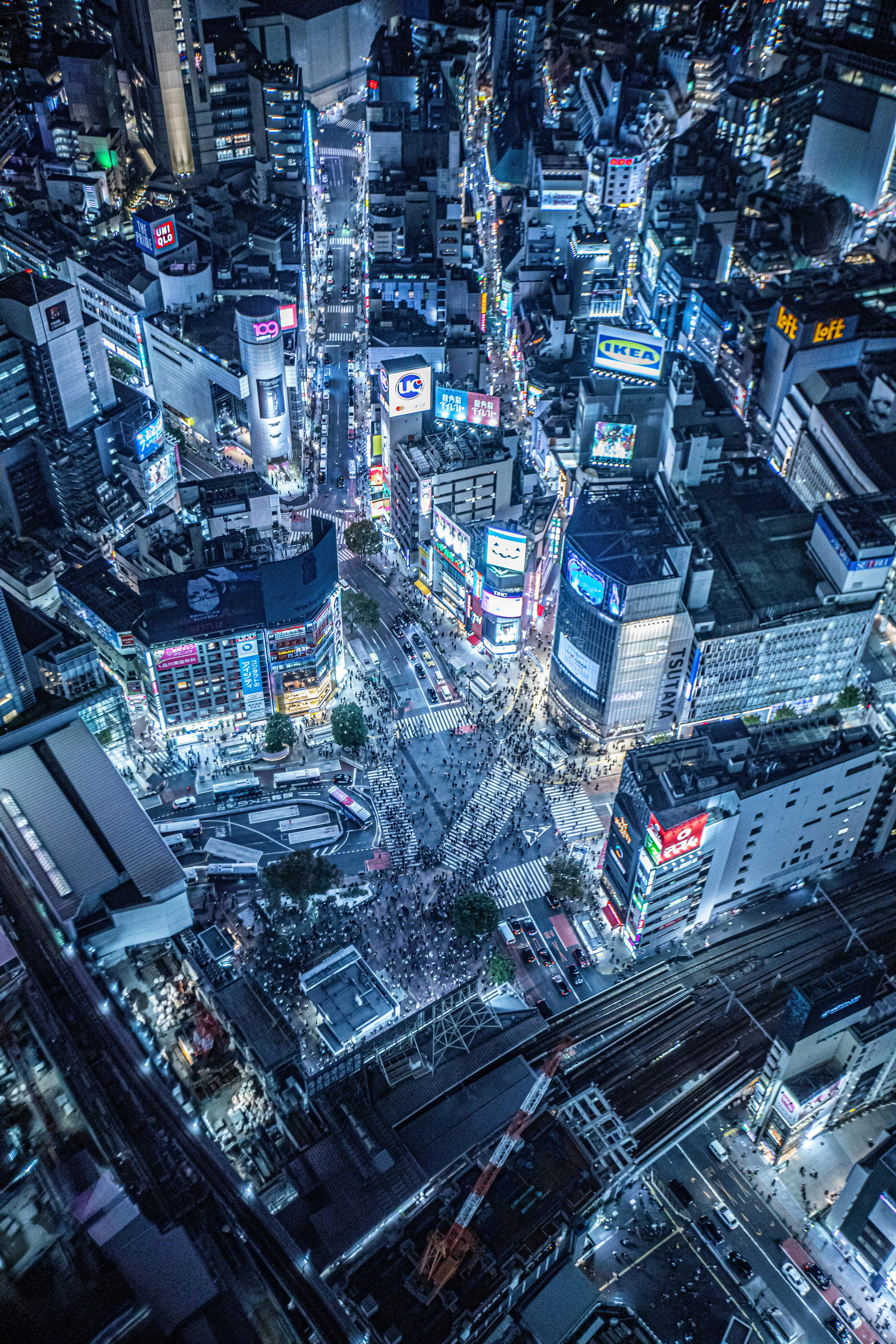 aerial view of shibuya in tokyo japan at night