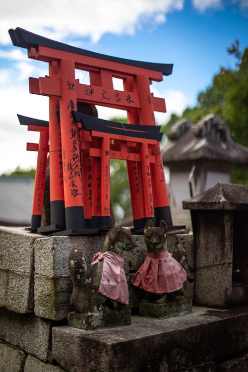 Japanese Torii Shrines with Dog Statues