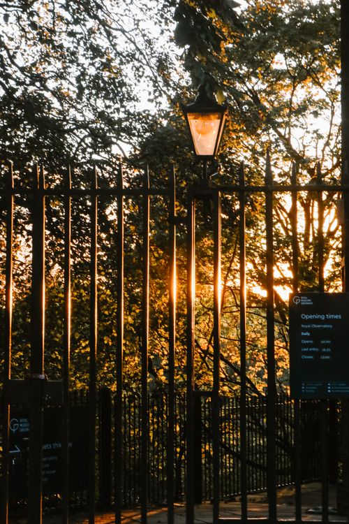 Free Sunlight filtering through a park fence in London during a serene sunset, creating a warm glow. Stock Photo