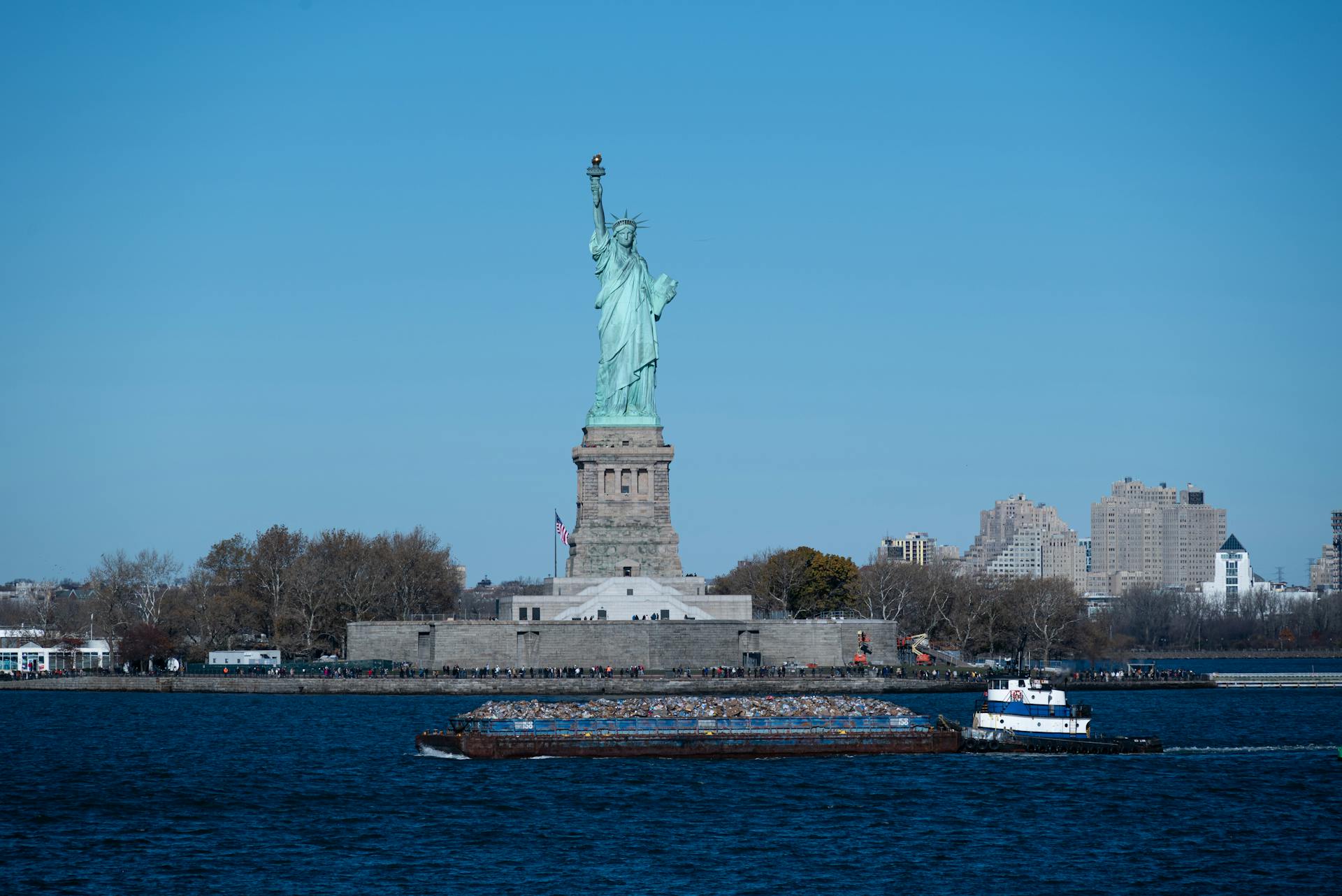 View of the Statue of Liberty on Liberty Island in New York Harbor in New York City, USA