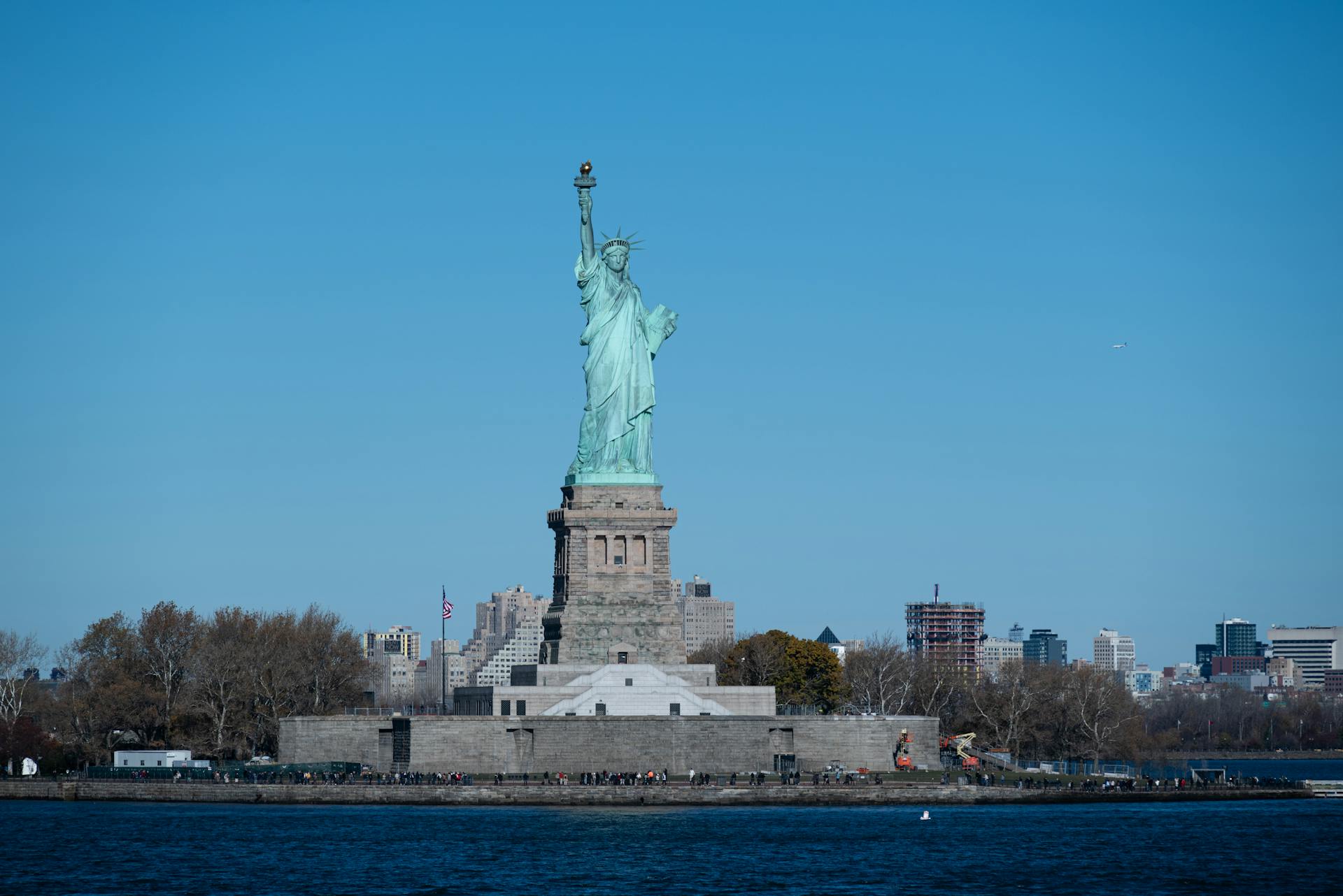 View of the Statue of Liberty on Liberty Island in New York Harbor in New York City, USA