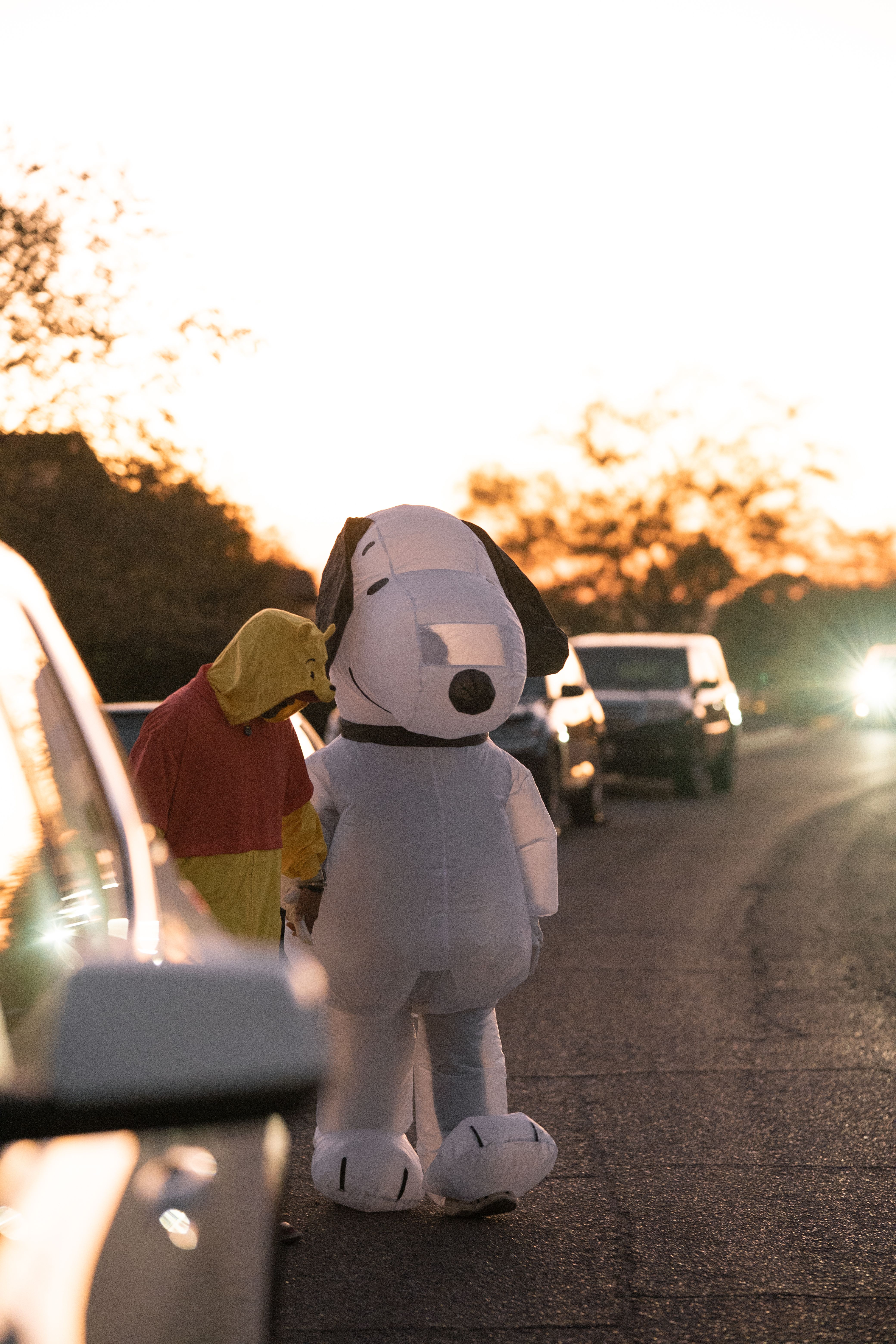 A child in a full character costume walking along a road at sunset before a Halloween event