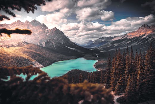 Breathtaking view of Peyto Lake surrounded by mountains and forest under a dramatic sky.