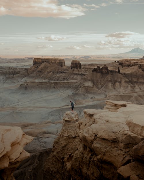 Aerial View of a Man Standing on a Cliff of a Canyon 