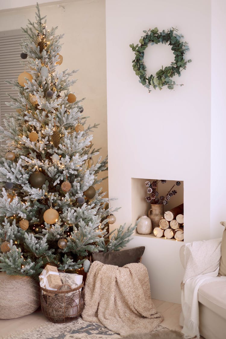 A Christmas Tree With Brown Baubles 