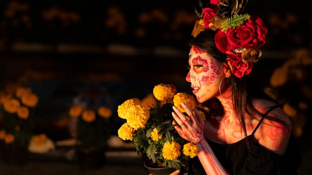 Colorful portrait of a woman celebrating Dia de los Muertos with face paint and flowers.