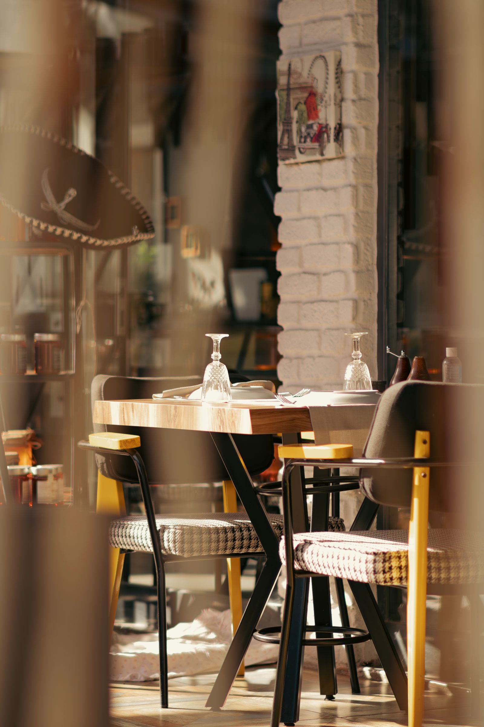 Restaurant hospitality furniture scene with dining chairs and table
