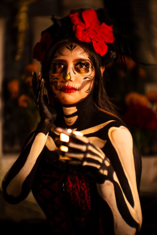 Free A striking Day of the Dead portrait featuring a woman with traditional Catrina makeup and floral headdress. Stock Photo