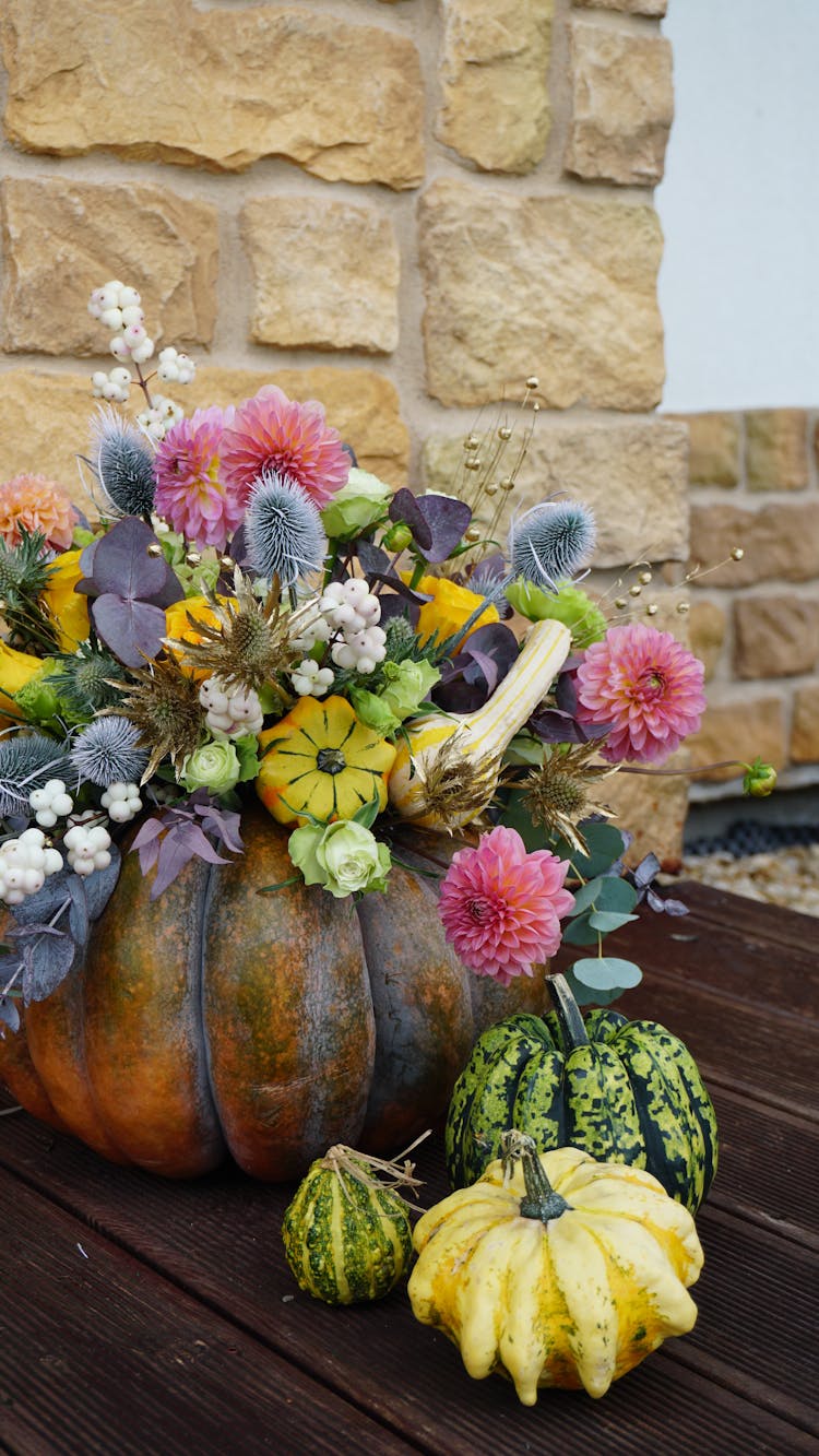 Pumpkin Basket With Colorful Flowers